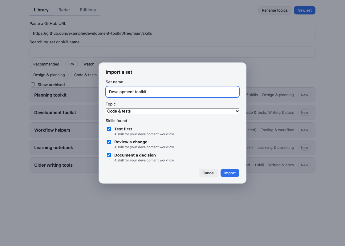 The GitHub import preview, with a topic and individual skills to select