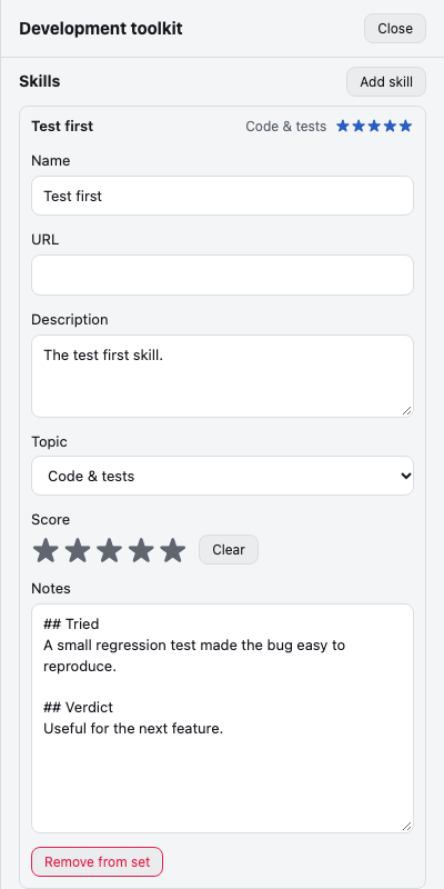 An open skill in its set's panel, with its topic, score and notes