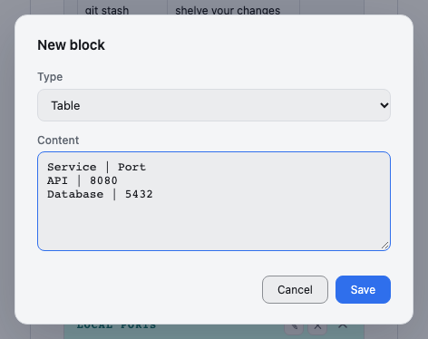 Adding a Table block