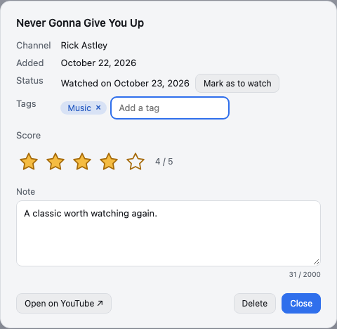 The details of a watched video, with its score, tag and note